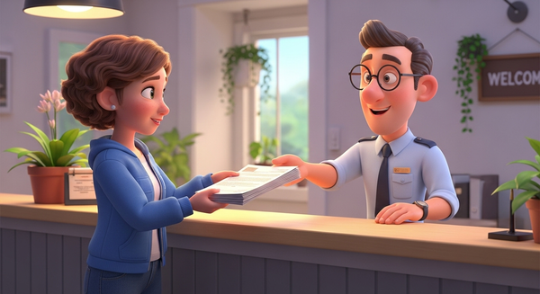 데스크 직원에게 서류를 제출하는 여성 이미지