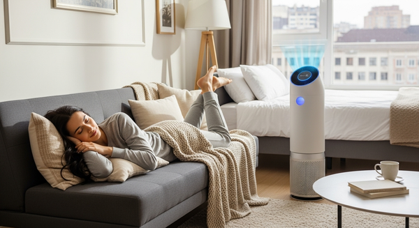 공기청정기 옆 쇼파에 누워 쉬고 있는 여성 이미지