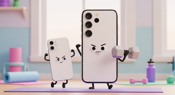 아이폰과 갤럭시 스마트폰이 운동을 하는 이미지