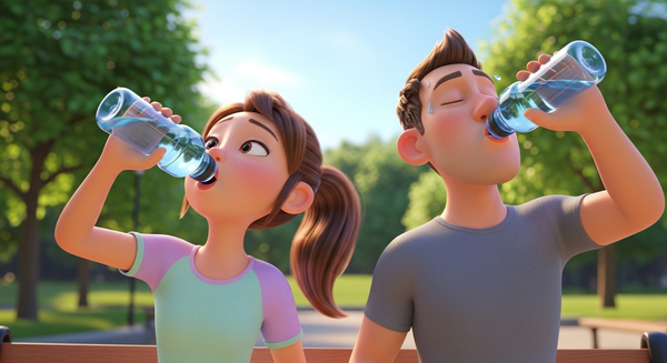 운동이 끝난 남녀가 물을 공원에서 마시는 이미지