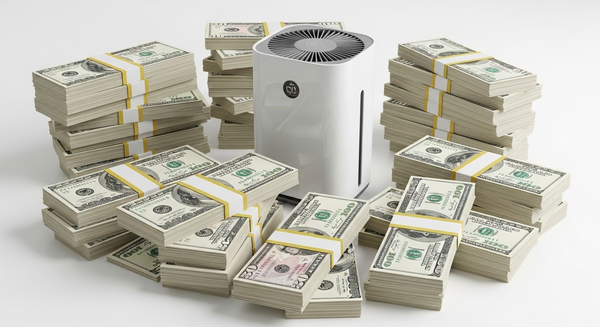 공기청정기 주변에 현금 다발들이 쌓여져 있는 이미지