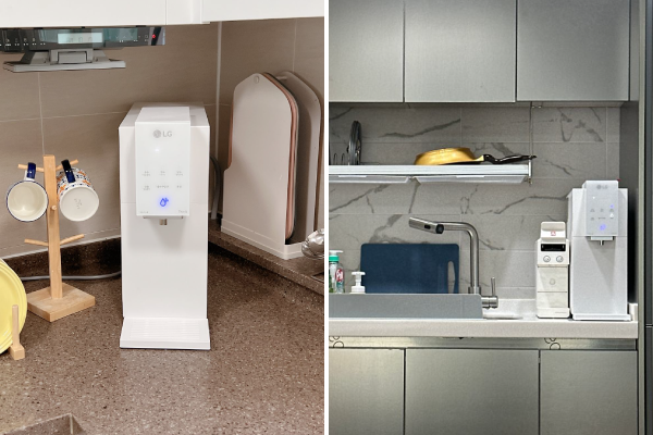 퓨리케어 오브제 정수기 세로타입 주방 설치 모습