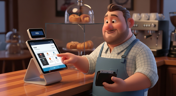 카페 사장님이 디지털 포스기 앞에서 계산을 하고 있는 이미지