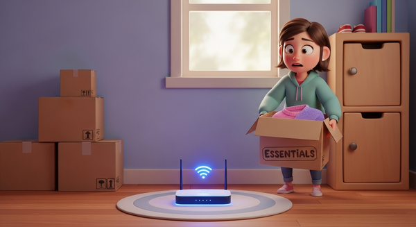 이사박스를 들고있는 여학생과 방 중앙에 공유기가 있는 이미지