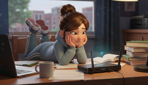 공유기를 바라보고 있는 자취생의 이미지