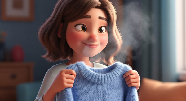 김이 나는 스웨터를 안고 있는 여성 이미지