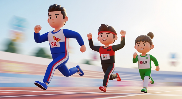 SK KT LG 로고를 단 세명의 선수가 달리기 경주를 하는 이미지