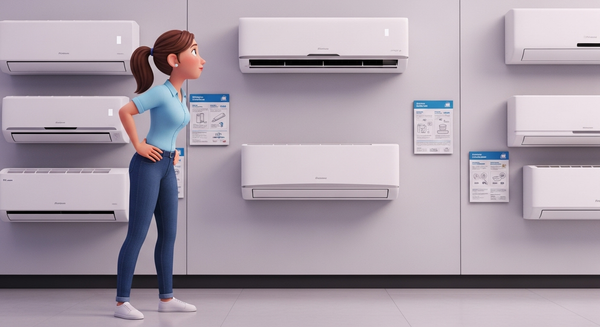 벽걸이 에어컨을 고르고 있는 여성의 이미지