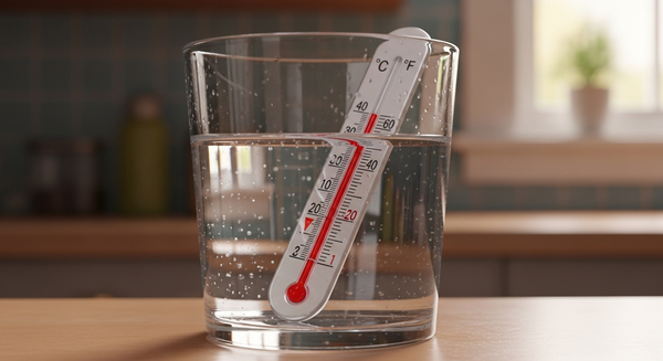 투명한 컵에 물이 들어있고 40도 온도계가 꽂혀있음