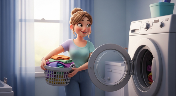 빨래 바구니를 들고 세탁기로 옮기고 있는 여성의 이미지