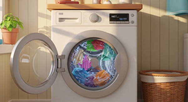 드럼 세탁기에 옷들이 빨래되고 있는 이미지