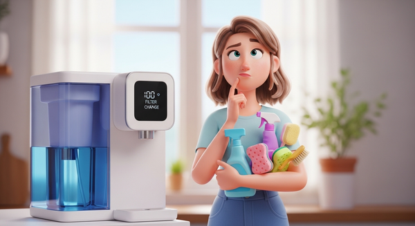 청소용품을 들고 정수기 앞에서 고민하는 여성의 이미지