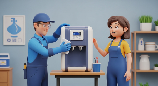 정수기를 청소하는 기사의 이미지와 옆에서 웃고있는 여성의 이미지