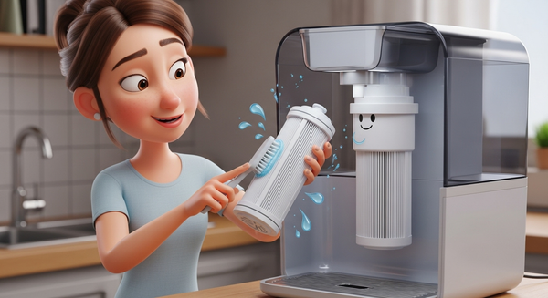 정수기 안에 필터를 청소하는 여성 이미지