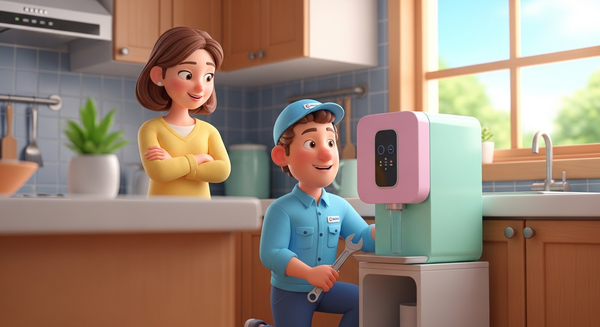 주방에서 정수기를 설치하는 기사의 이미지