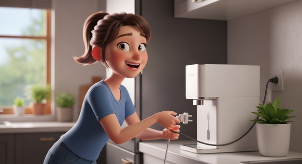 정수기 전원 코드를 뽑는 여성의 이미지