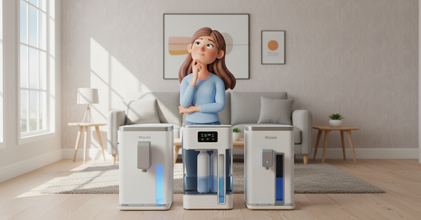 정수기를 고민하고 있는 여성의 이미지