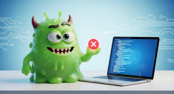 노트북 옆에 컴퓨터 바이러스가 있는 이미지