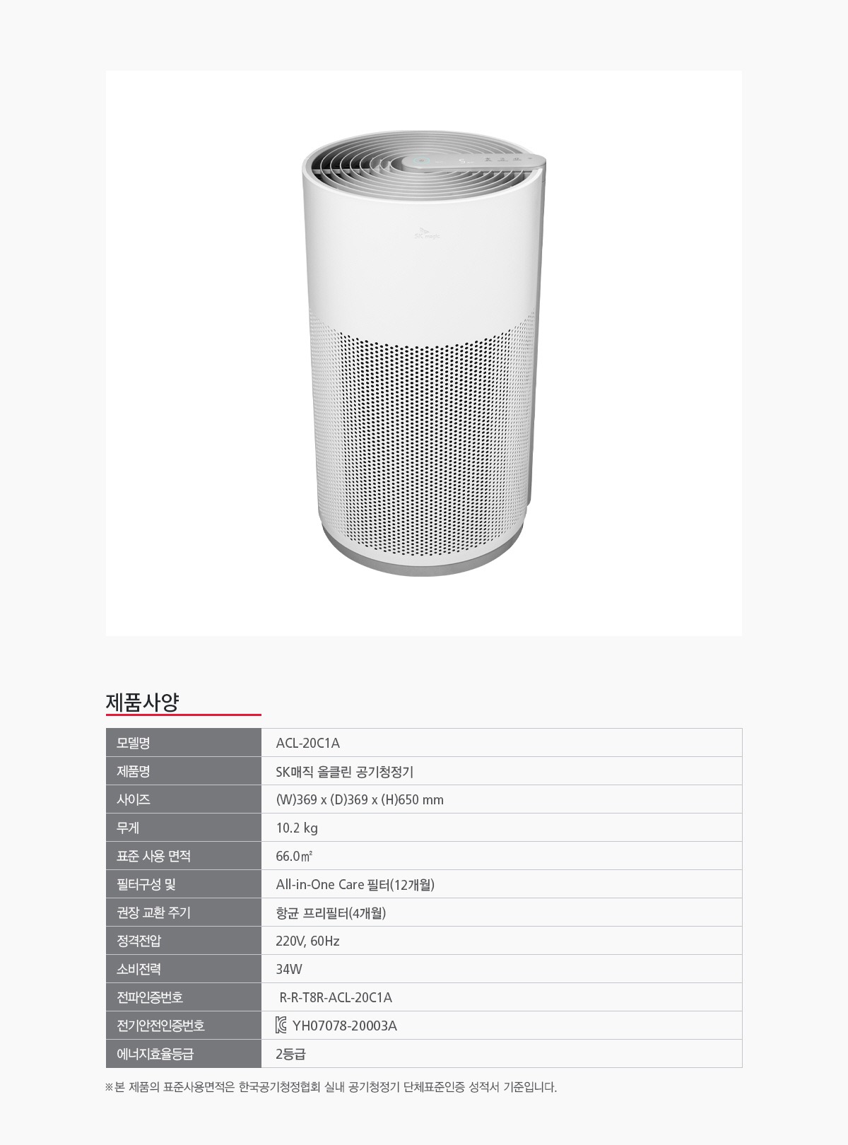 올클린 공기청정기 20평형